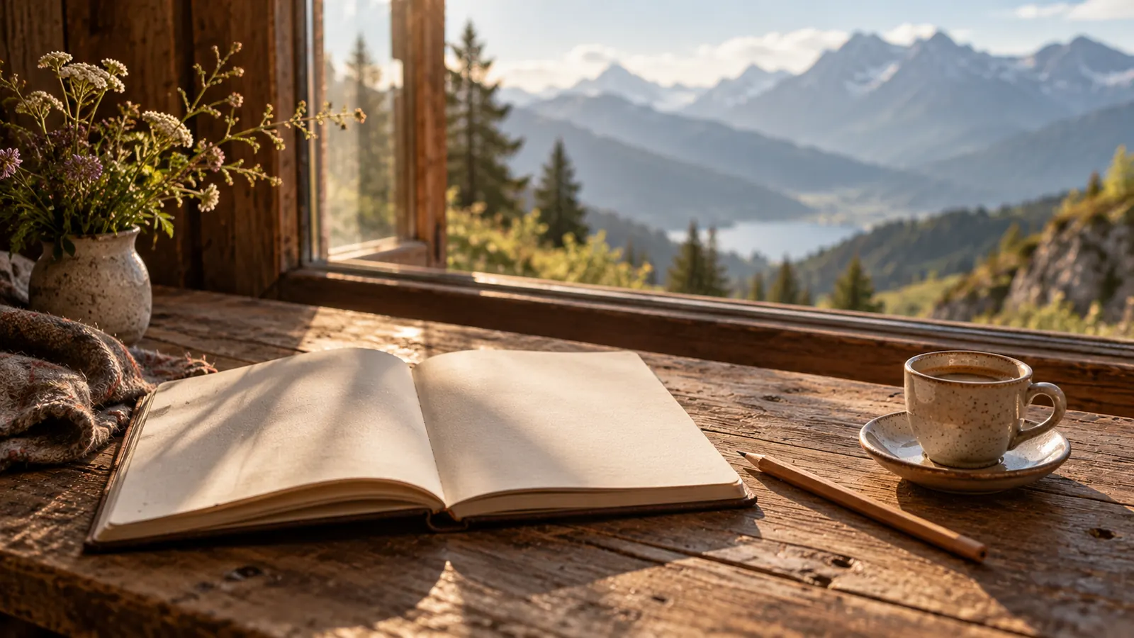 Aufgeschlagenes Notizbuch, Bleistift und Espresso am Fenster mit Bergsicht